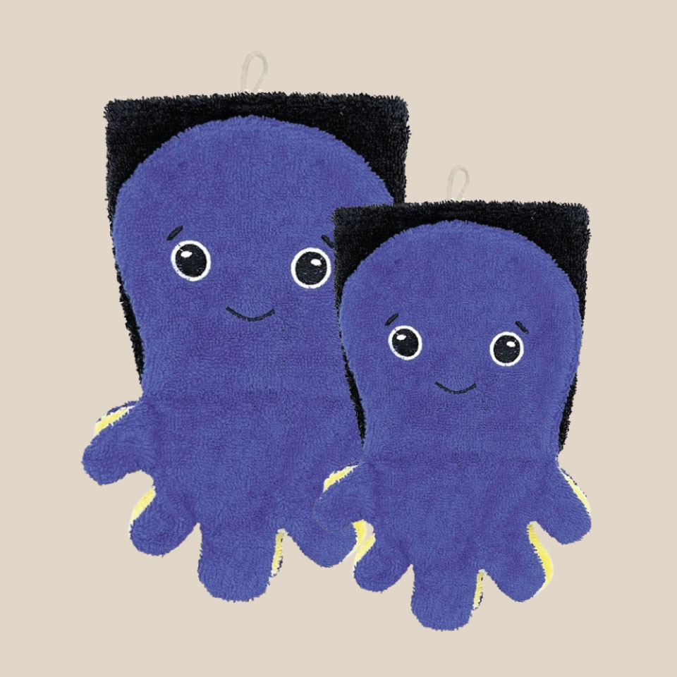 Gant de toilette en coton bio – Pieuvre bleue