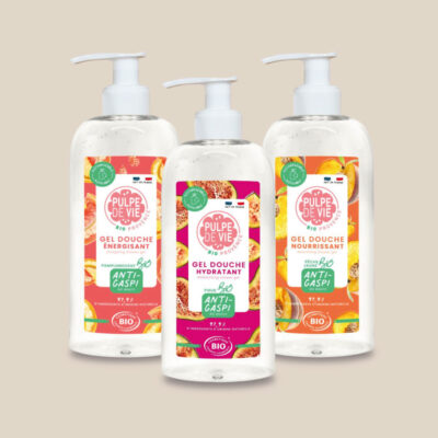 Photo produits : Bouteilles à pompe des trois parfums de gel douche bio