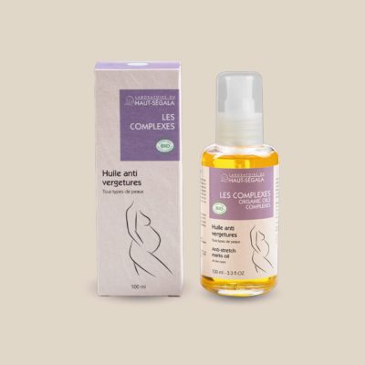 Photo produit : Huile anti-vergetures du Laboratoire du Haut-Séguala, présentée dans un flacon transparent à pompe avec bouchon et une boîte recyclée, 100 ml.