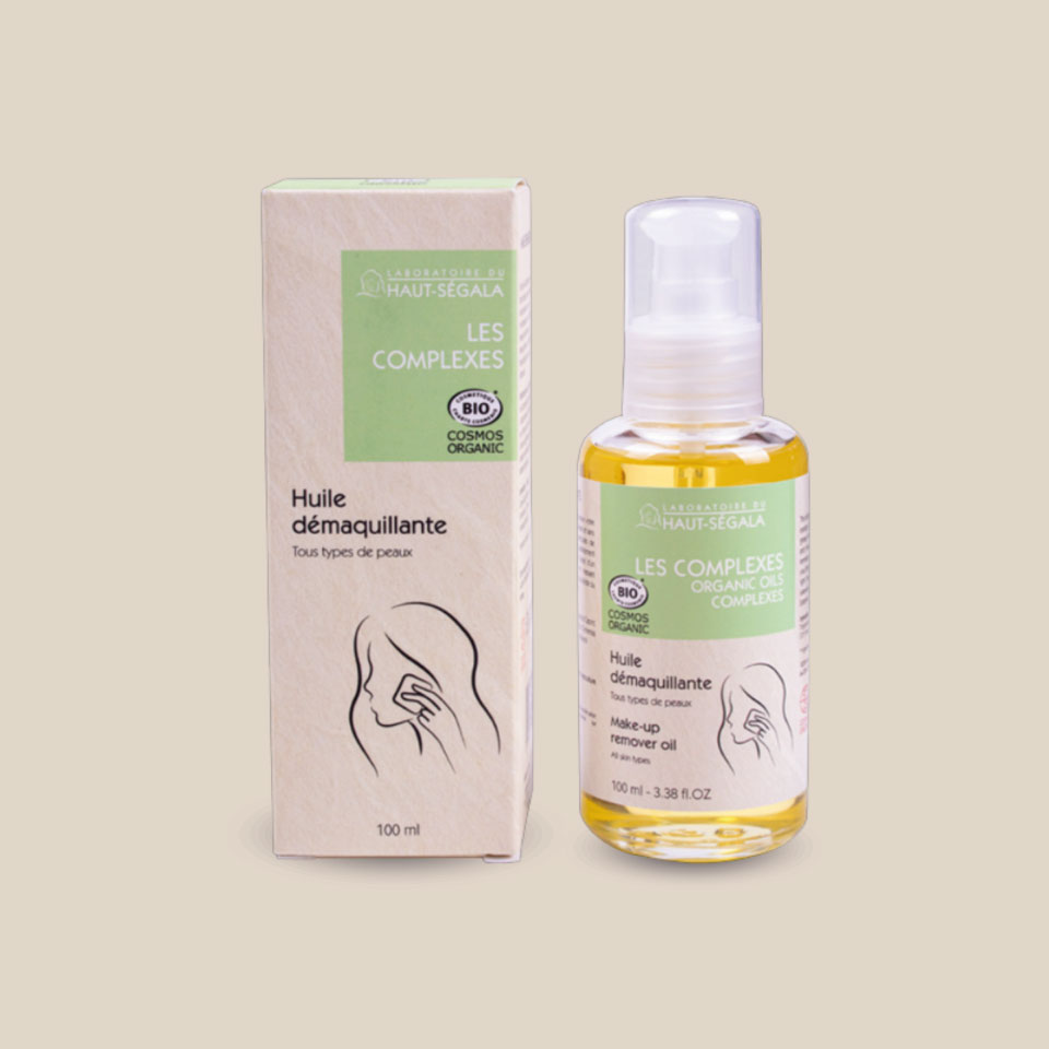 Photo produit : Huile fantastique du Laboratoire du Haut-Séguala, présentée dans un flacon transparent à pompe avec bouchon et une boîte recyclée, 100 ml.
