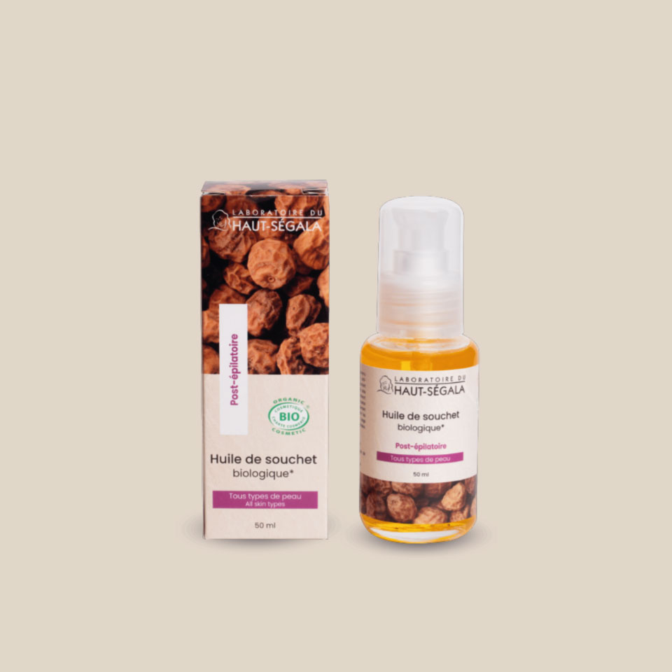 Photo produit : Huile de souchet biologique du Laboratoire du Haut-Séguala, présentée dans un flacon transparent à pompe avec bouchon et une boîte recyclée, 100 ml.