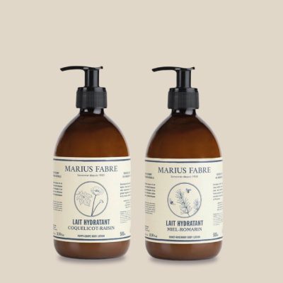 Product photo: Two pump bottles of Marius Fabre moisturizing body lotion, from the Nature range, 500 ml